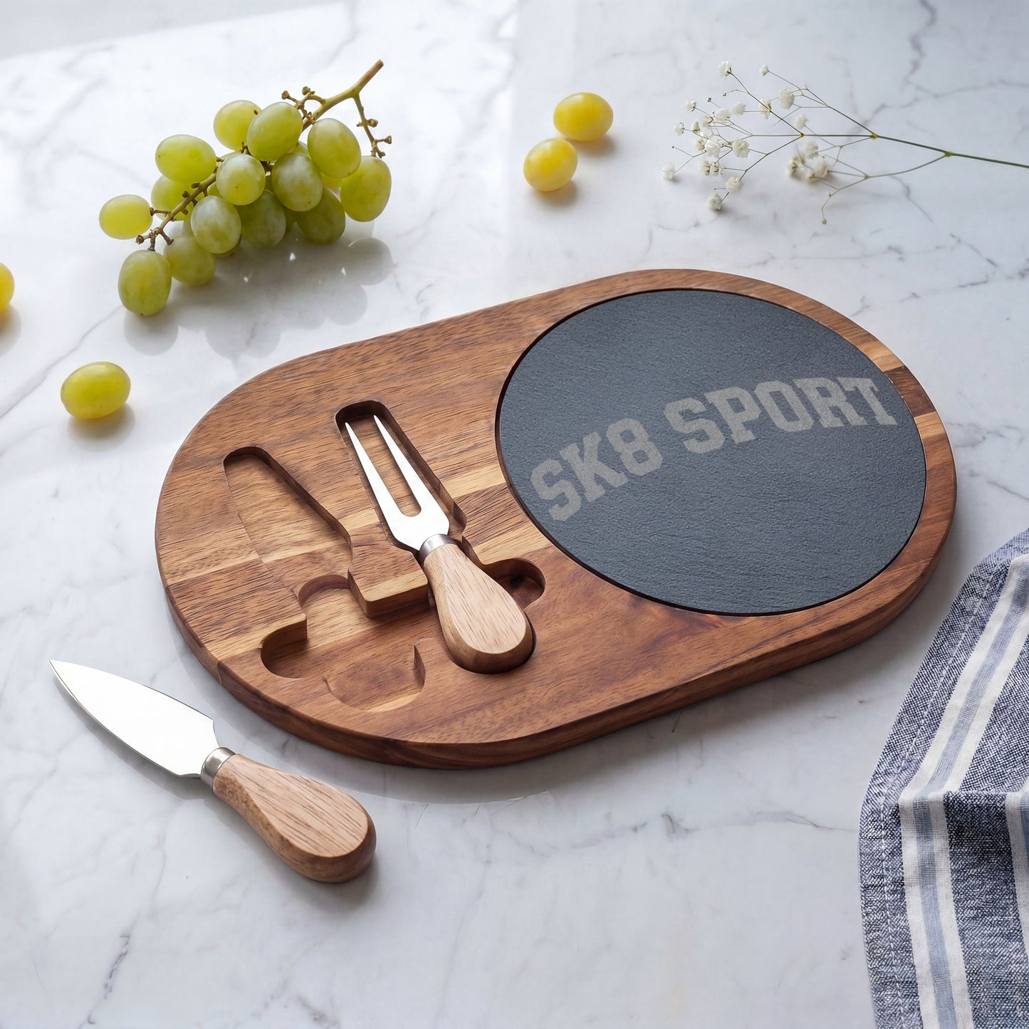 SK8 SPORT Engraved Oak Charcuterie Board with Slate Inset & Cheese Knives