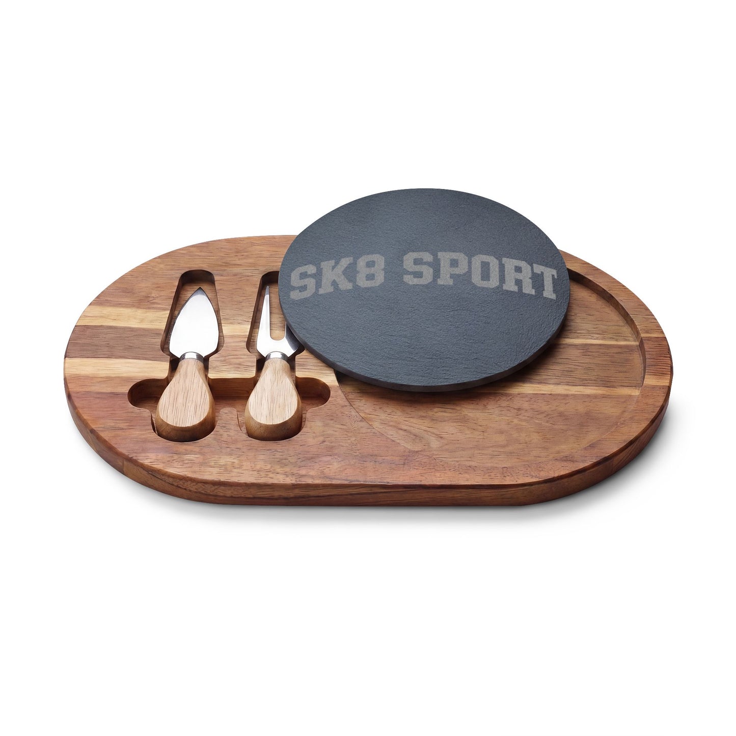SK8 SPORT Engraved Oak Charcuterie Board with Slate Inset & Cheese Knives