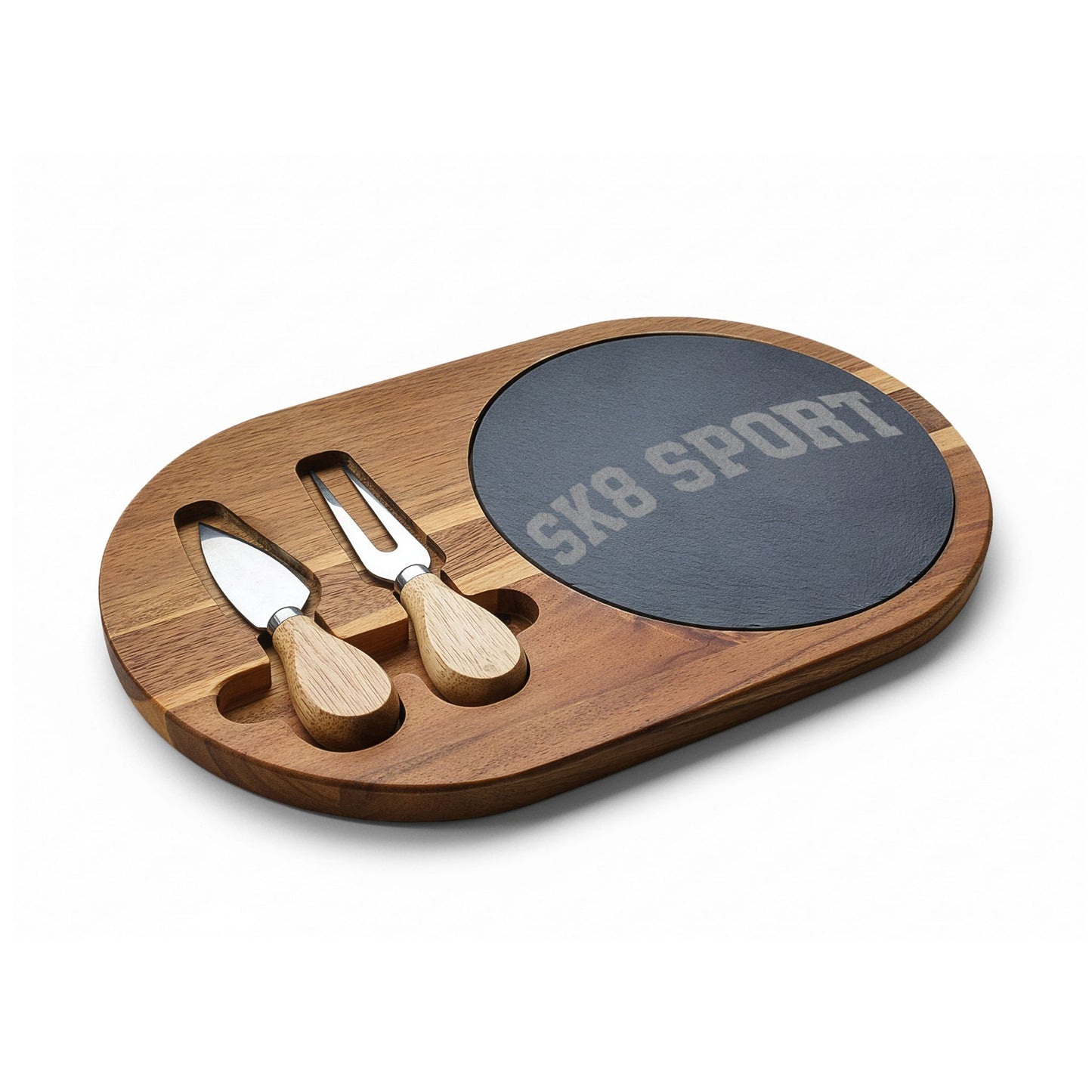 SK8 SPORT Engraved Oak Charcuterie Board with Slate Inset & Cheese Knives