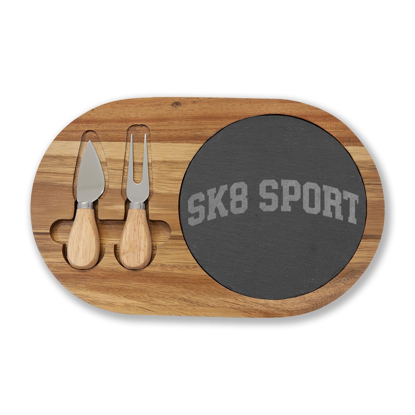 SK8 SPORT Engraved Oak Charcuterie Board with Slate Inset & Cheese Knives